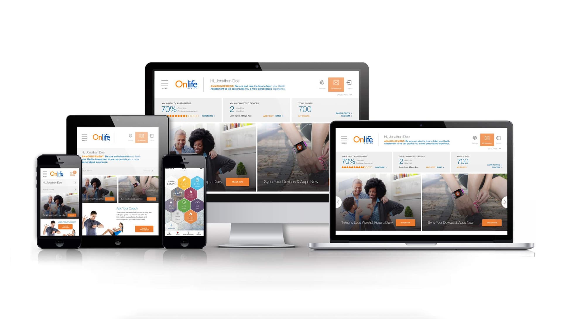 Onlife Health responsive design across phone, tablet, and desktop
