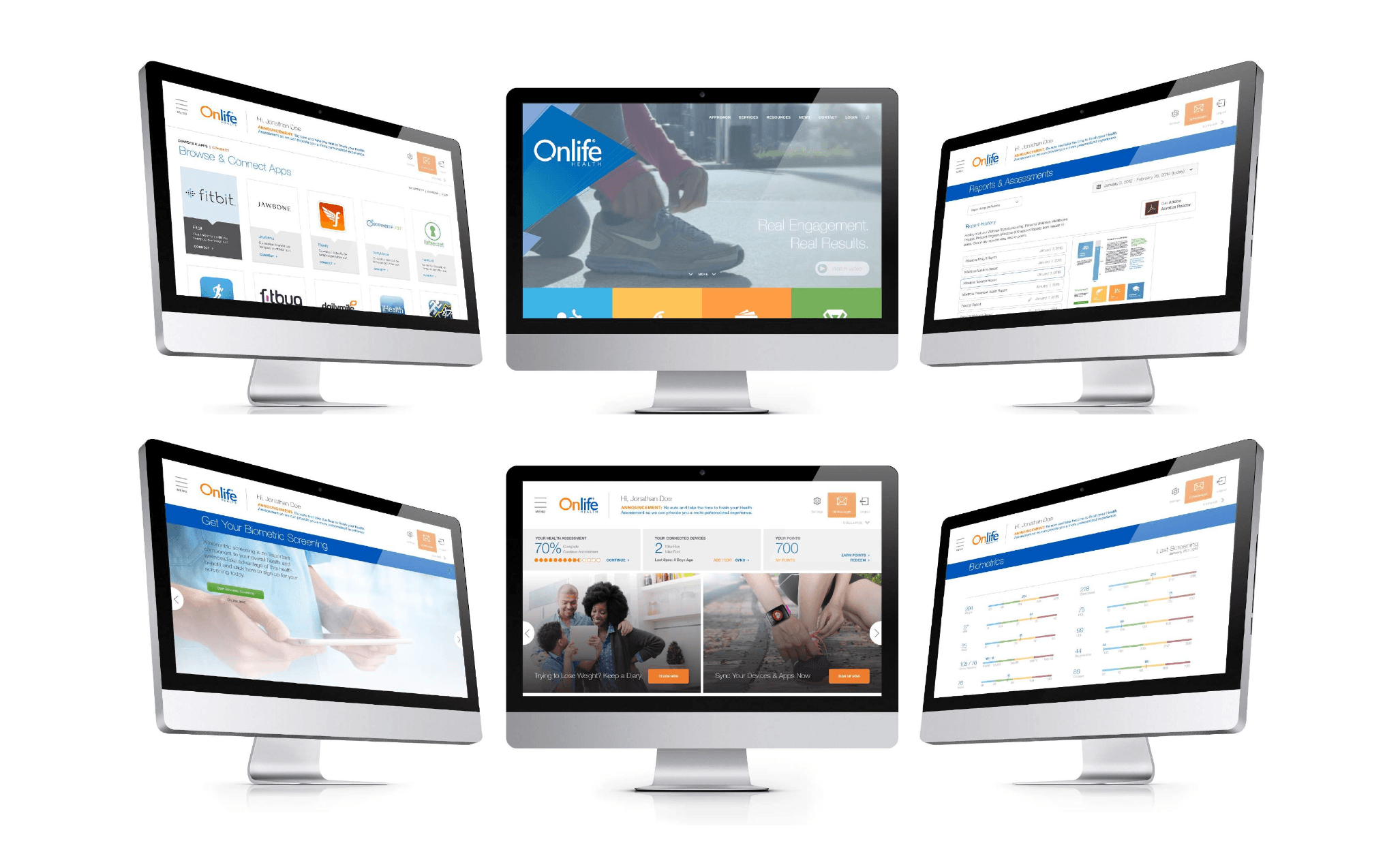 Six desktop screen variations of Onlife Health