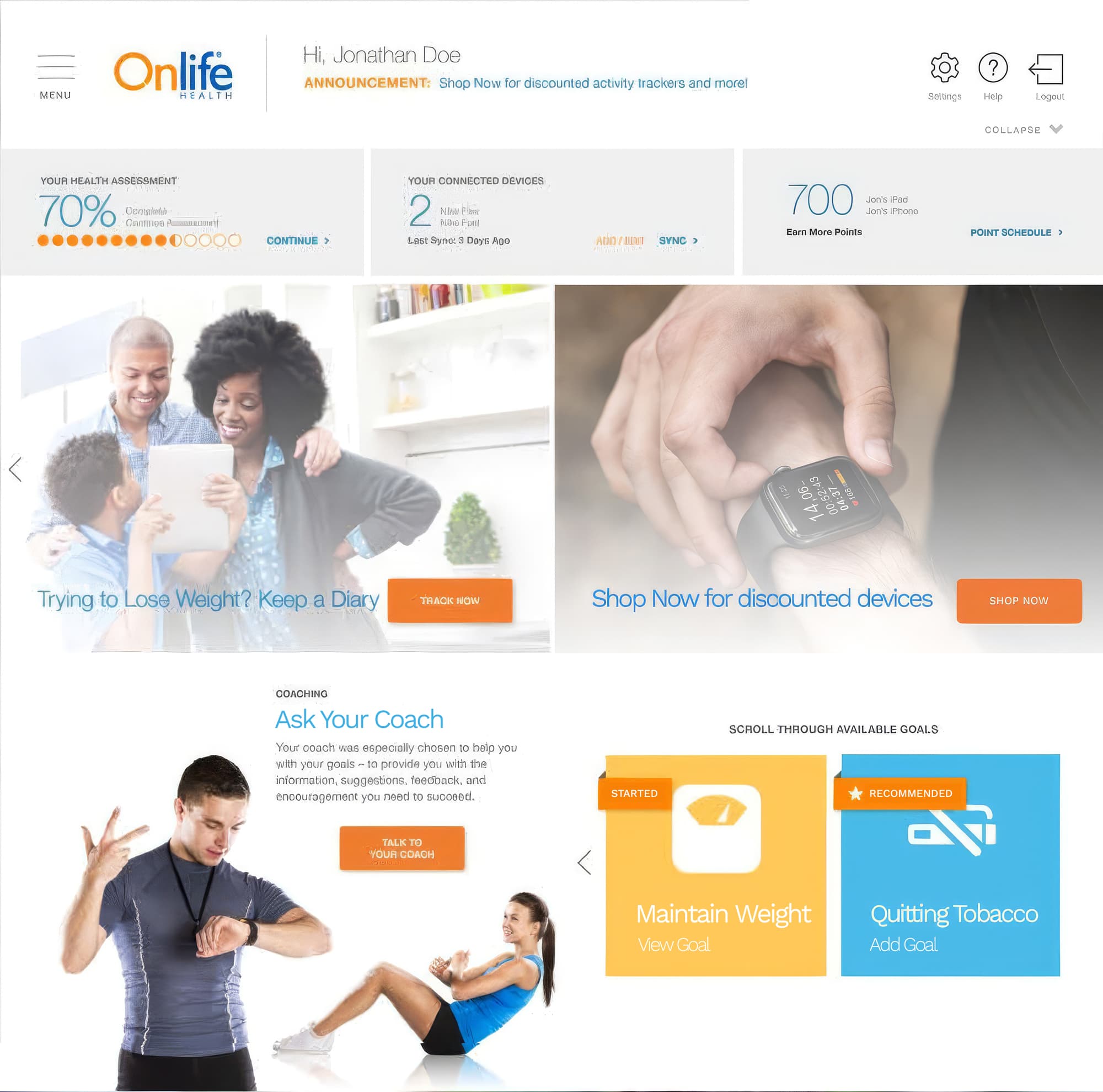 Onlife Health dashboard with health assessment, coaching, and goals